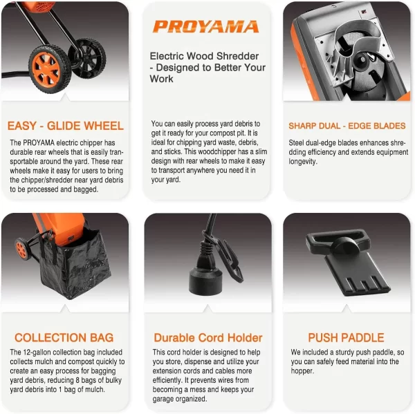 15 - Amp Electric Wood Chipper, Corded Shredder with Collection Bag and Push Stick - Image 3