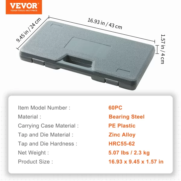 VEVOR Tap and Die Set 40PCs 60PCs 80PCs 110/116PCs Metric or SAE Standard Bearing Steel Taps and Dies Essential Threading Tool - Image 8