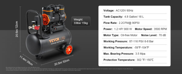 VEVOR Silent Air Compressor 900W 1450W 1800W Quiet Oil-free Portable Air Pump - Image 24