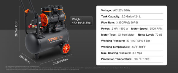VEVOR Silent Air Compressor 900W 1450W 1800W Quiet Oil-free Portable Air Pump - Image 25