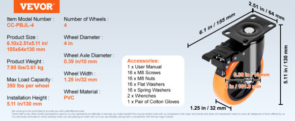 VEVOR 2/3/4/5/6-inch Swivel Plate Casters Set of 4 with Security Dual Locking - Image 20