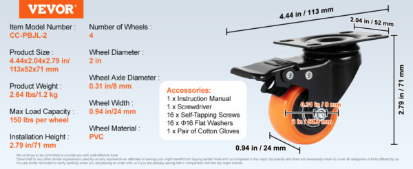 VEVOR 2/3/4/5/6-inch Swivel Plate Casters Set of 4 with Security Dual Locking - Image 18
