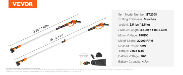 VEVOR 2-in-1 Cordless Pole Saw Mini 20V Pole Chainsaw 5" Cutting Capacity 8 ft Reach - Image 14