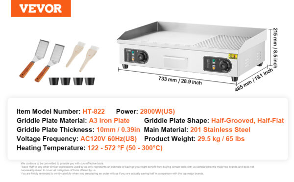 VEVOR 26/30 inch Commercial Electric Countertop Griddle Flat Top Griddle 2800W 122℉-572 ℉ - Image 17