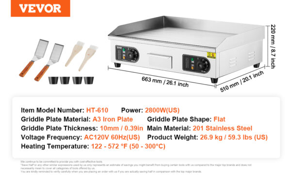 VEVOR 26/30 inch Commercial Electric Countertop Griddle Flat Top Griddle 2800W 122℉-572 ℉ - Image 18