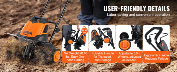 VEVOR 12 Amp Electric Tiller, 18" Tilling Width 3.94" - Image 13