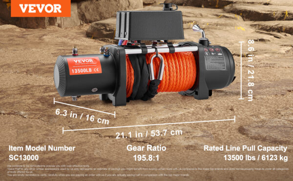 VEVOR 13500lbs Electric Winch with 80ft Synthetic Rope Wireless & Wired Remote Control - Image 14