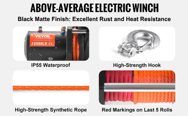 VEVOR 13500lbs Electric Winch with 80ft Synthetic Rope Wireless & Wired Remote Control - Image 11