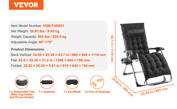 VEVOR Zero Gravity Chair Zero Gravity Recliner Lounge Chair Adjustable - Image 20