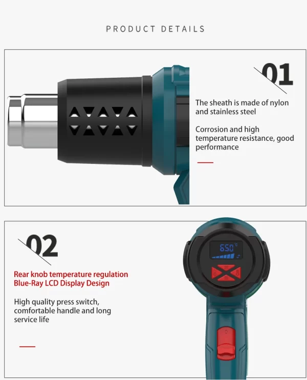 2000W Industrial Electric Hot Air Gun Digital Display Car Film Heat Gun Air Dryer for Soldering Thermal Blower Shrink Wrapping - Image 14