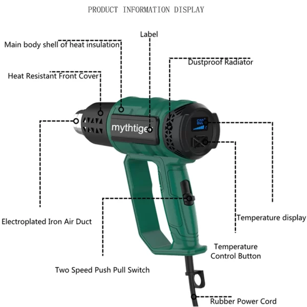 2000W Industrial Electric Hot Air Gun Digital Display Car Film Heat Gun Air Dryer for Soldering Thermal Blower Shrink Wrapping - Image 16