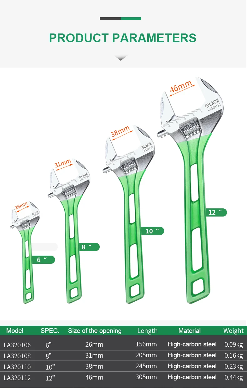LAOA Large Opening Adjustable Wrench Light Spanner Multifunctional Bathroom Pipe Wrench 6-12 inch Plumbing Repair Hand Tools - Image 13