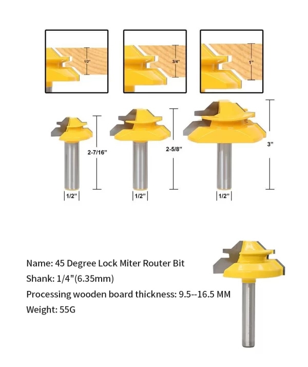 1/2"1/4“ 8mm Shank 45° Lock Miter Router Bit 8*1-1/2 8*1-3/8 - Image 14