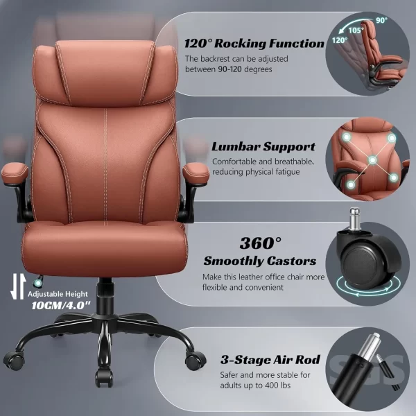 Office Chair, Ergonomic Computer Desk Chairs, Executive Breathable Leather Chair with Adjustable High Back Flip-up Armrests - Image 4