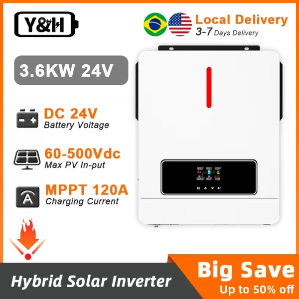 Y&H 3600W Hybrid Solar Inverter DC24V to AC110V/120V On/Off-Grid Inverter