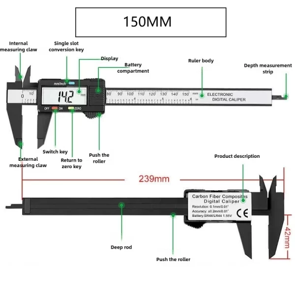 100/150mm Digital Caliper Vernier Caliper Gauge Measuring Tool - Image 3
