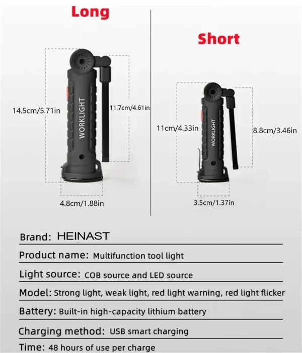 COB LED Work Light Dimmable USB Rechargeable LED Flashlight Inspection Lamp With Magnetic Hook - Image 12