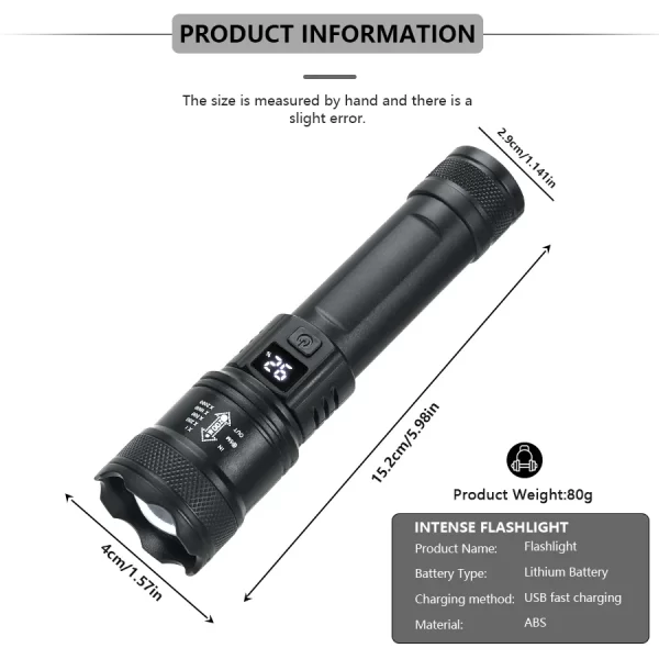 High Strong Power Led Flashlights 2000LM Tactical Torch with Display Light USB Charging - Image 2