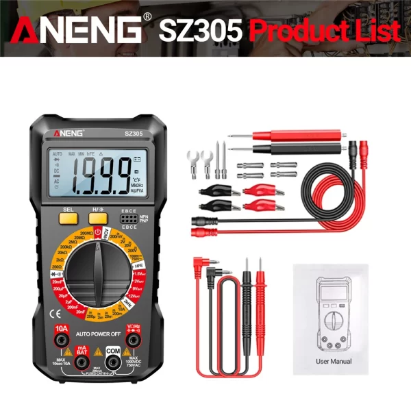 ANENG SZ305 Digital Multimeter Professional AC/DC Voltage Ammeter Capacitor hFE Triode NCV Voltage Induction Electrician Tester - Image 9