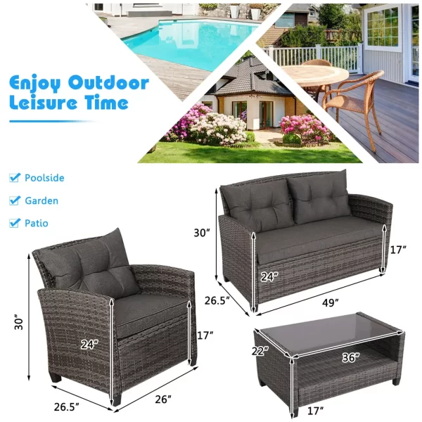 4PC Rattan Patio Conversation Set Cushioned Outdoor Furniture Set - Image 2