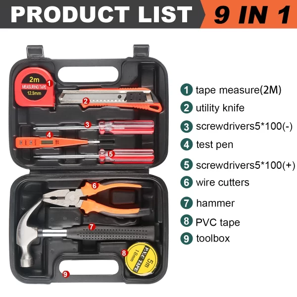 8/9/12/13Piece Tools Set General House hold Hand Tool Kit with Plastic Toolbox Storage Case - Image 10