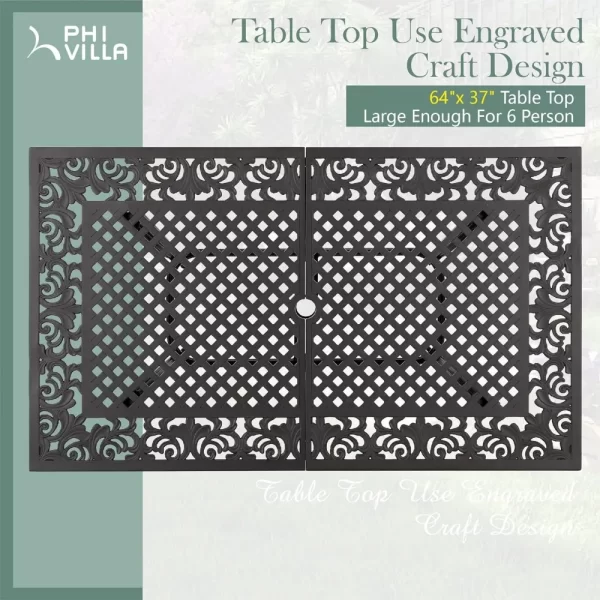 Cast Aluminum Rectangular Patio Dining Tables for 6 Person, 64" x 37" Engraved Cast-Top Aluminum Table with 2.3" Umbrella Hole, - Image 4