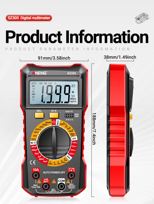 ANENG SZ305 Digital Multimeter Professional AC/DC Voltage Ammeter Capacitor hFE Triode NCV Voltage Induction Electrician Tester - Image 23