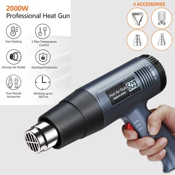 2000W Industrial Electric Hot Air Gun Digital Display Car Film Heat Gun Air Dryer for Soldering Thermal Blower Shrink Wrapping - Image 4