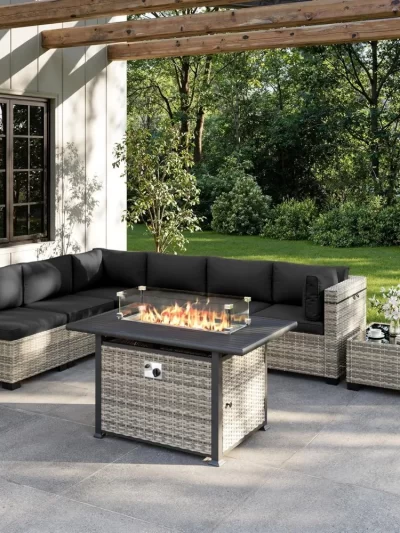 8-Piece Outdoor Patio Furniture Set with 55,000 BTU Fire Pit Table, PE Wicker Rattan Sectional Sofa Conversation Set