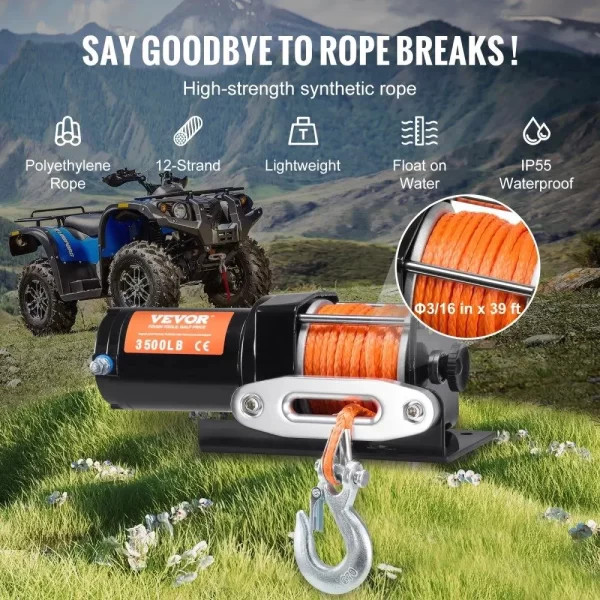 Electric Winch UTV 3500 lb Synthetic Rope Waterproof Wired Control - Image 2