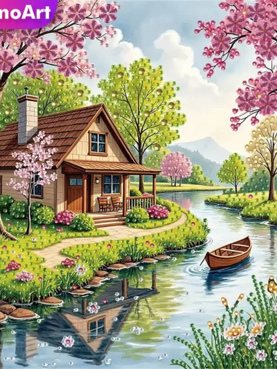 Momoart Full Square Round Diamond Mosaic House Landscape Needlework Diamond Painting River Craft Kit Embroidery Tree Home Decor