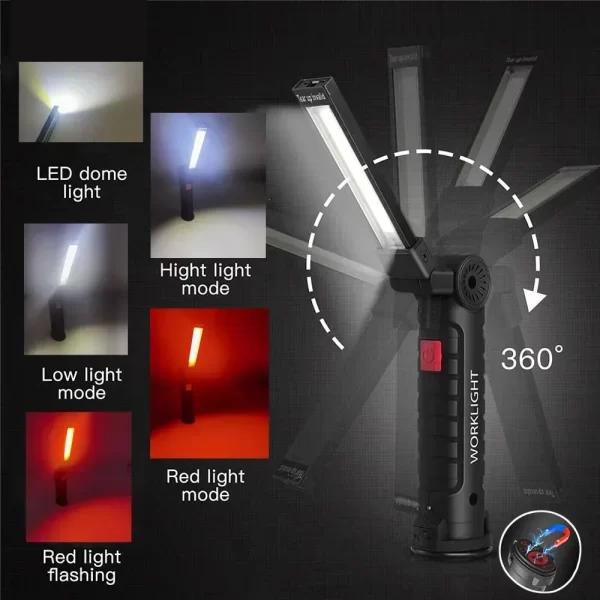 COB LED Work Light Dimmable USB Rechargeable LED Flashlight Inspection Lamp With Magnetic Hook - Image 2