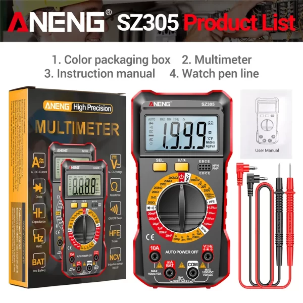 ANENG SZ305 Digital Multimeter Professional AC/DC Voltage Ammeter Capacitor hFE Triode NCV Voltage Induction Electrician Tester - Image 8
