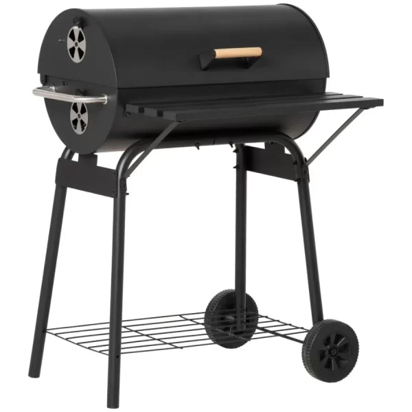 30 Portable Barrel Charcoal BBQ Grill Steel Outdoor Barbecue Smoker with Storage Shelf Wheels