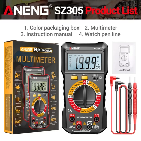 ANENG SZ305 Digital Multimeter Professional AC/DC Voltage Ammeter Capacitor hFE Triode NCV Voltage Induction Electrician Tester - Image 7