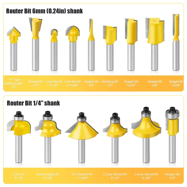 15PCS 1/4in 1/2in 6mm 8mm Shank Router Bit Set Trimming Straight Beading Milling Cutter Carbide Cutting Woodworking Tools - Image 17