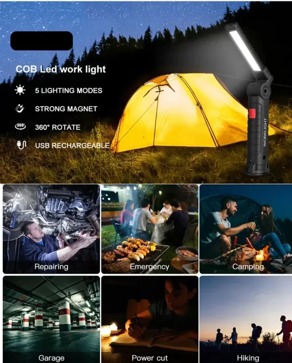 COB LED Work Light Dimmable USB Rechargeable LED Flashlight Inspection Lamp With Magnetic Hook - Image 18