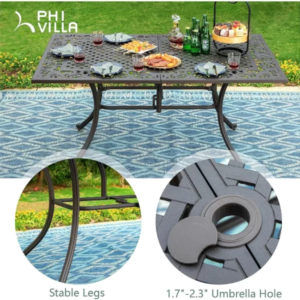 Cast Aluminum Rectangular Patio Dining Tables for 6 Person, 64" x 37" Engraved Cast-Top Aluminum Table with 2.3" Umbrella Hole, - Image 5