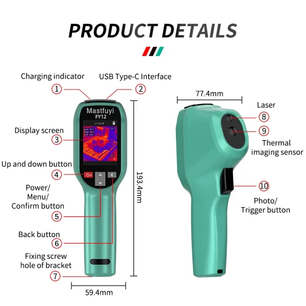 MASTFUYI FY12 Handheld Thermal Imager -20~550°C 15 False Color Non-contact Temperature Measurement 50×50° - Image 20
