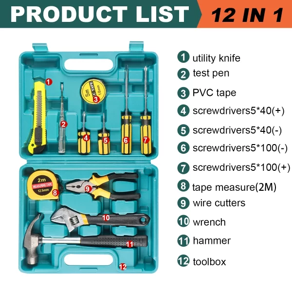8/9/12/13Piece Tools Set General House hold Hand Tool Kit with Plastic Toolbox Storage Case - Image 8