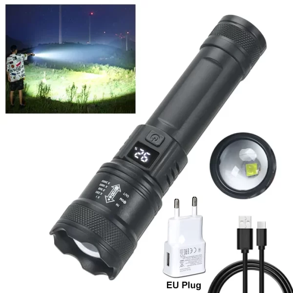High Strong Power Led Flashlights 2000LM Tactical Torch with Display Light USB Charging - Image 7