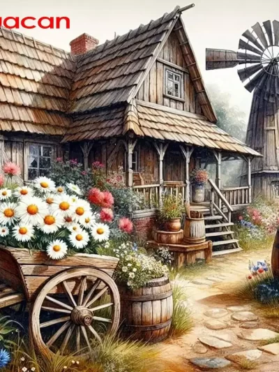 Huacan Diamond Mosaic Full Square Round House Landscape 5D DIY Diamond Painting Cross Stitch Embroidery
