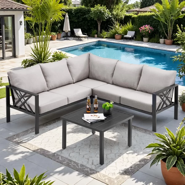 6 Piece  Patio Furniture Set, Metal Outdoor Sectional Sofa with Coffee Table
