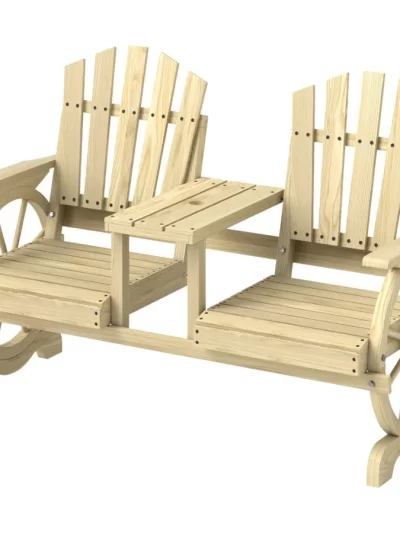 2Seat Wooden Garden Bench with Table Umbrella Hole High Backrest Armrests