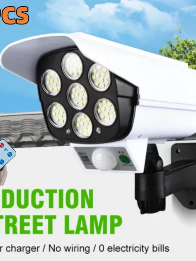 Solar Lights  Outdoor With Motion Sensor Remote Controller FloodLights Wireless Dummy Decoy Fake Security Camera