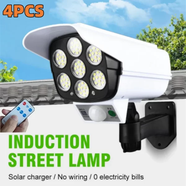 Solar Lights  Outdoor With Motion Sensor Remote Controller FloodLights Wireless Dummy Decoy Fake Security Camera