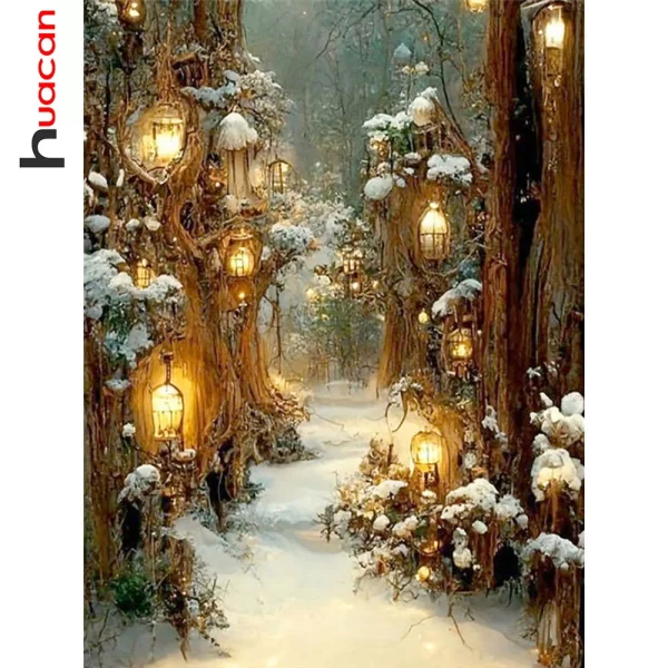 Huacan Diy Diamond Mosaic Winter Scnenery Rhinestone Pictures Full Round Square Drill Painting Landscape Kit