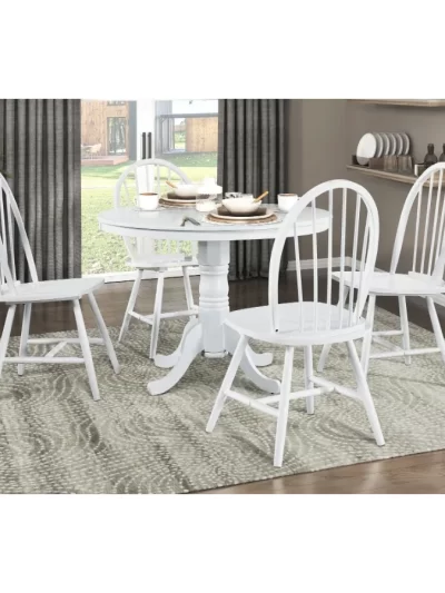 White Finish 5pc Round Dining Table Set with 4 Windsor Chairs Farmhouse Style Wooden Furniture