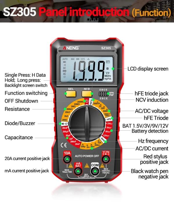 ANENG SZ305 Digital Multimeter Professional AC/DC Voltage Ammeter Capacitor hFE Triode NCV Voltage Induction Electrician Tester - Image 25