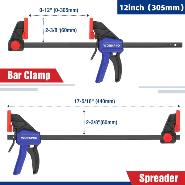 WORKPRO Bar Clamps for Woodworking One-Handed Clamp/Spreader, 6-Inch and 12-Inch Wood Clamps Set - Image 4